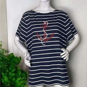 Karen Scott Plus Nautical Navy Striped Anchor Top NWT